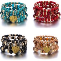4Pcs Boho Crystal Beads Chain Bracelet Set For Women Vintage Heart Charm Elastic Bangle Female Fashion Party Jewelry