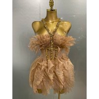 Sexy Shining Gold Crystal Transparent Wings Mini Dress 2025 Women Birthday Party Bar Nightclub Singer Stage Performance Costume