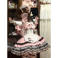 Sweet Lolita Kawaii Summer Lace Bow Ruffle Puff Sleeve Female 2 Piece Set Dress Apron Bow Design Layered Lace Trim Party Clothes