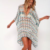 Cotton Crochet Tunic Mini Dresses Women Cover Up Bikini Sexy Hollow Out Deep V Neck Lace-Up Summer Vestidos Boho Beach Robe