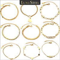 LUXUSTEEL Simple 316L Stainless Steel Link Chain Bracelets For Women Girls Gold Plated Heart Crystal Charm Bangle Korean Jewelry