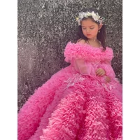 Customized Pink Flower Girl Dresses for Wedding Crystal Off the Shoulder First Communion Kids Birthday Party Gown Party Dress