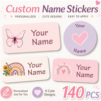 140PCS Custom Name Stickers Personalized Self-Adhesive Labels, 4 Cute Designs for Bottles Stationery Storage Boxes