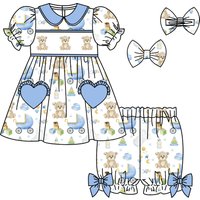 Fashion boutique children's clothing blue short-sleeved cartoon doll building block print shorts pajamas set bow