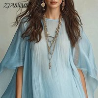 Boho Solid See Through Dress Womens Cape Batwing Sleeve Loose Crinkled Ruffle Hem Short Dress Casual Summer Beach Resort Dresses