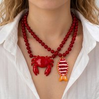 Red Resin Beaded Choker Necklace for Women Crab Fish Pendant Boho Summer Beach Vacation Statement Jewelry