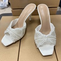 Elegant Summer High Heels Women Mules Sandals Open Toe Pearl Beaded Female Stilettos Slip on Evening Party Wedding Dress Shoes