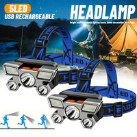 USB Rechargeable Built‑in Battery 5‑LED Headlamp Super Bright Head‑Mounted Flashlight for Fishing Camping & Outdoor Adventures