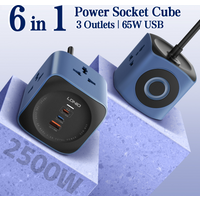 LDNIO Power Strip Cube 3 Universal Outlet with 65W 3 USB Ports 2500W Surge Protection 2M UK/EU/US Plug Extension Cord Switch