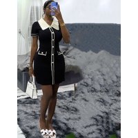 Elegant Knitting A-Line Dress Summer Clothing Women 2026 Short Sleeve Polo-Neck Slimming Mini Dresses OL Style Casual Knit Dress