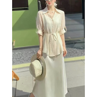 Silk Long Sleeve Shirt And High Waist Satin Skirt Two Piece Set Women's Fashion Spring Summer Autumn Seasonal Wear Button up ...