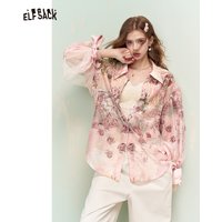 ELFSACK Women's Blouse Pink Rose Print, Sheer Long Sleeve Bow Cuff Oversized Casual Shirt Loose Fit Fashion Top