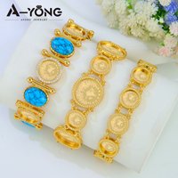 Luxury Dubai Gold Plated Bracelet 21k Gold Color Turkish Coins Fashion Turquoise Bangles Muslim Women Event Party Jewelry
