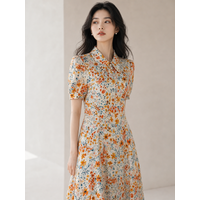 Orange & Blue Floral Print Silk Dress | Shirt Collar Puff Sleeve Pear Buttons Dress | UK8-UK 14