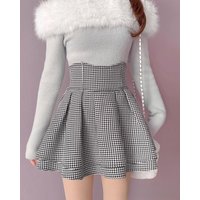 Kawaii Houndstooth High Waist Pleated Skirt Women Sweet Jirai Kei A Line Mini Skirt Female Harajuku Streetwear Summer Chic Oufit