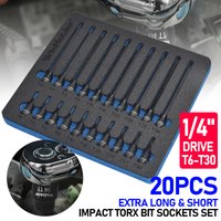 20pc Extra Long & Short Impact Torx Bit Sockets Set 1/4" Drive T6-T30 S2 CRV