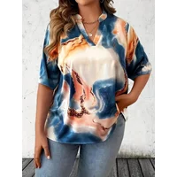Women's Plus Size Tie-Dye V-Neck Short Sleeve T-Shirt New Fashion Summer Printed Tops for Women