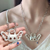 Sweet Cool Angel Wings Charm Chain Necklace Punk Y2K Cat Shaped Wing Blue Crystal Pendant Necklace for Women Girls Party Gifts