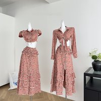 Red Plaid Print Hemmed Skirt Set Summer Travel Fashion Women's Long Sleeve Button up Two Piece Set Adult Size