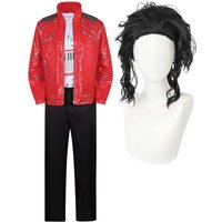 Men Stage Performance Outfit Pop Punk Michael Classic Red Jacket Costume Or Black Wig