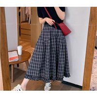 Vintage A Line Retro Plaid Skirt High Waist Loose Fungus Lace Women's Spring Simple Artistic Korean Japanese Style Midi Skirt