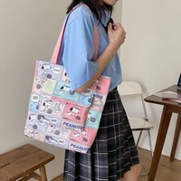 2026 New Snoopy Mesh Canvas Handbag Women Pastel Color Block Shoulder Bag Large Capacity Casual Handbag with Pink Shoulder Strap