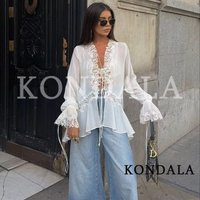 KONDALA Chic Lace Crochet Splicing See-through Shirts Women Elegant Leisure Lace-up Shirts 2026 Summer Trendy Lady Ruffles Shirt