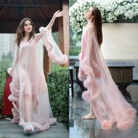 Noble Sheer Lace Women's Robe Boat Neck Plush Lock Edge Appliques Pearl Nightgown Lady Party Sleepwear Evening Dress Customized