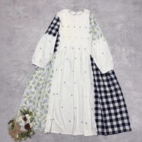 Johnature New Japanese Patchwork Checked Floral Pleated Loose Dress 2025 Spring Summer O-neck Casual Print Women Dresses