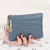Multi Compartment Zipper Leather Coin Purse with Metal Key Ring Texture Compact Card Holder Mini Wallet for Daily Cash Coin