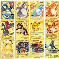 English Pokemon metal card anime Pikachu Charizard Mewtwo Blastoise VMAX shiny letters game collection card kids toy presents