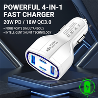 Multi Port Car Charger Adapter PD 20W USB C Fast Charging 4 Ports with QC 3.0 and 3.1A Port For Smartphones For Tablets For Dash