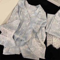 Silk Two-Piece Ladies Set Pijama Autumn Floral Long Sleeve Button Up Top & Pants Sleepwear Woman Nightwear Sexy Pajamas Set