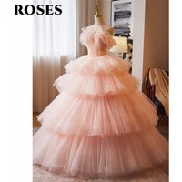ROSES Light Pink Prom Dresses Multilayered Tulle Princess Formal Dresses Lace Up Back Evening Dresses for Wedding Customized
