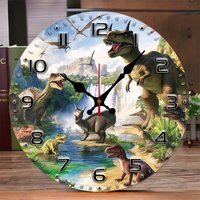 Dinosaur World Wooden Round Silent Hanging Wall Clock, Suitable For Living Room, Office, Study Room, Bedroom, Home Decoration