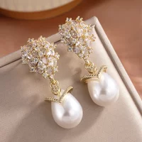 Luxury Big Teardrop Pearl Drop Earrings for Women Elegant Flower Shiny Zircon Wedding Party Jewelry Gift