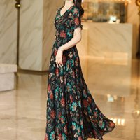 Floral Chiffon Dress Women's Clothing Summer Knee Slim Bohemian Beach Dress V-neck Print Ladies Party Long Dress Female Vestidos