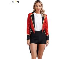 Womens Halloween Circus Ringmaster Magician Costumes Tailcoat Sequin Notch Lapel Long Sleeve Open Front Tuxedo Coat Outerwear