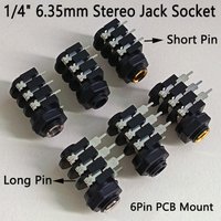 1/4" 6.35mm TRS Stereo Jack Socket Short/Long Pin 6Pin PCB Mount Female Connector for Guitar Amplifier Mixer DJ Audio Equipment