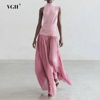 VGH Minimalist Temperament Long Dress for Women Stand Collar Sleeveless High Waist Pleated Hit Color See Through Dresses Female