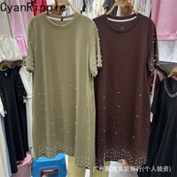 All-match 2026 New Spring Summer Loose Short Sleeve Women Dress Round Neck Mid-long T-shirt Top Diamonds Beads Straight Dresses
