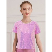 Kids Girls Round Neck Short Sleeves Shiny Sequins T-shirt for Cheerleading Dance Stage Performance Party