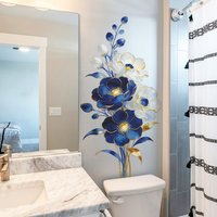 French Style Relief Blue-toned Floral Wall Decoration Stickers for Home Background of Living Room and Furniture, Self-adhesive
