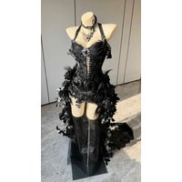 Dark Fairy Vampire Black Corset Dress Feather Rose Lace Gothic Prom Gown With Train For Cosplay Photoshoot