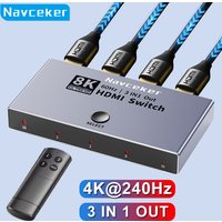 Navceker 8K HDMI 2.1 Switch Splitter 4K 240Hz 3 Inputs 1 Output 3 port HDMI Switcher with remote for PS5 Xbox Series X Apple TV