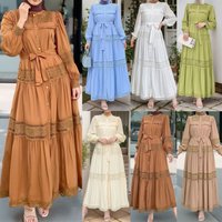 Lace Dress Women Eid Muslim Abaya Dresses Jalabiya Single Breasted Lace Up Morocco Dubai Kaftan Vestidos Ramadan Long Robe