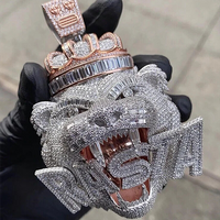 Custom Iced Out Tiger Pendant, RASTA Lettering with Crown, Silver & Rose Gold Copper Moissanite, Hip Hop Bling necklace men