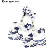 Kanagawa Hokusai Waves Art Painting ID Retractable Badge Holder ID Badge Holder Clips Name Card Keychain Nurse Work Decorations