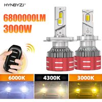 2pcs 3000W Tri-Color LED Headlights H4 H7 H1 H11 H8 9005 HB3 9006 HB4 9012 LED with Remote Control Flashing Car Front Lamp 12V