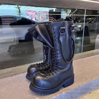 Handheld Boot for Couples Super Cool Big Toe Cross Strap High Top Lace Up Work Boot Men Black Leather Chunky Heel Knee High Boot